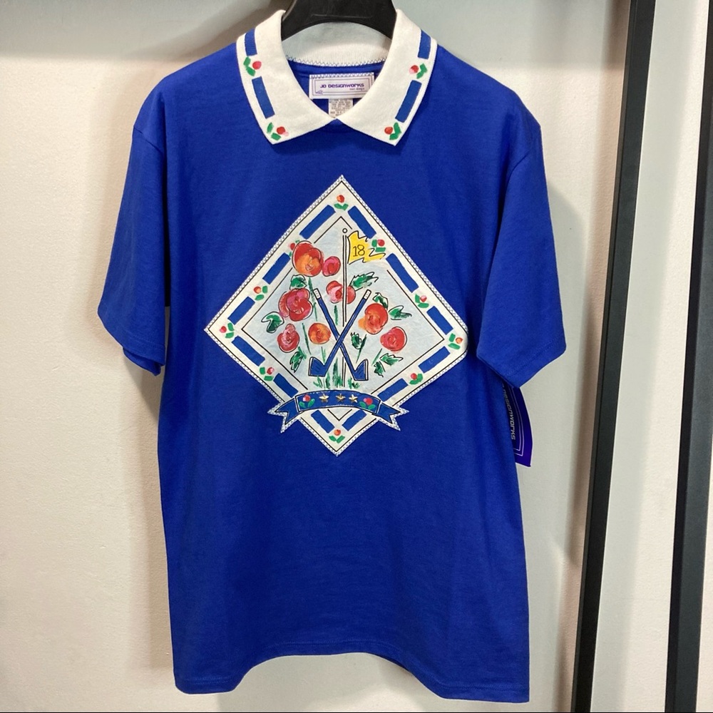 Golf Clubs and Roses Artwork Patch Collared T Shirt NWT